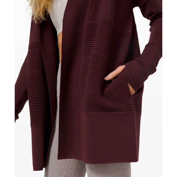 Lululemon Sit In Lotus Wrap II Cassis Merino Wool Cardigan EUC pockets 6 plum - Picture 3 of 8